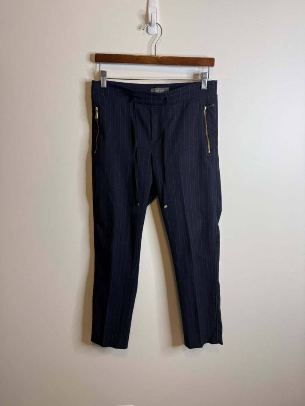 Mos mosh gabbi Navy Pinstripe Trousers with Gold Zip Details size 36